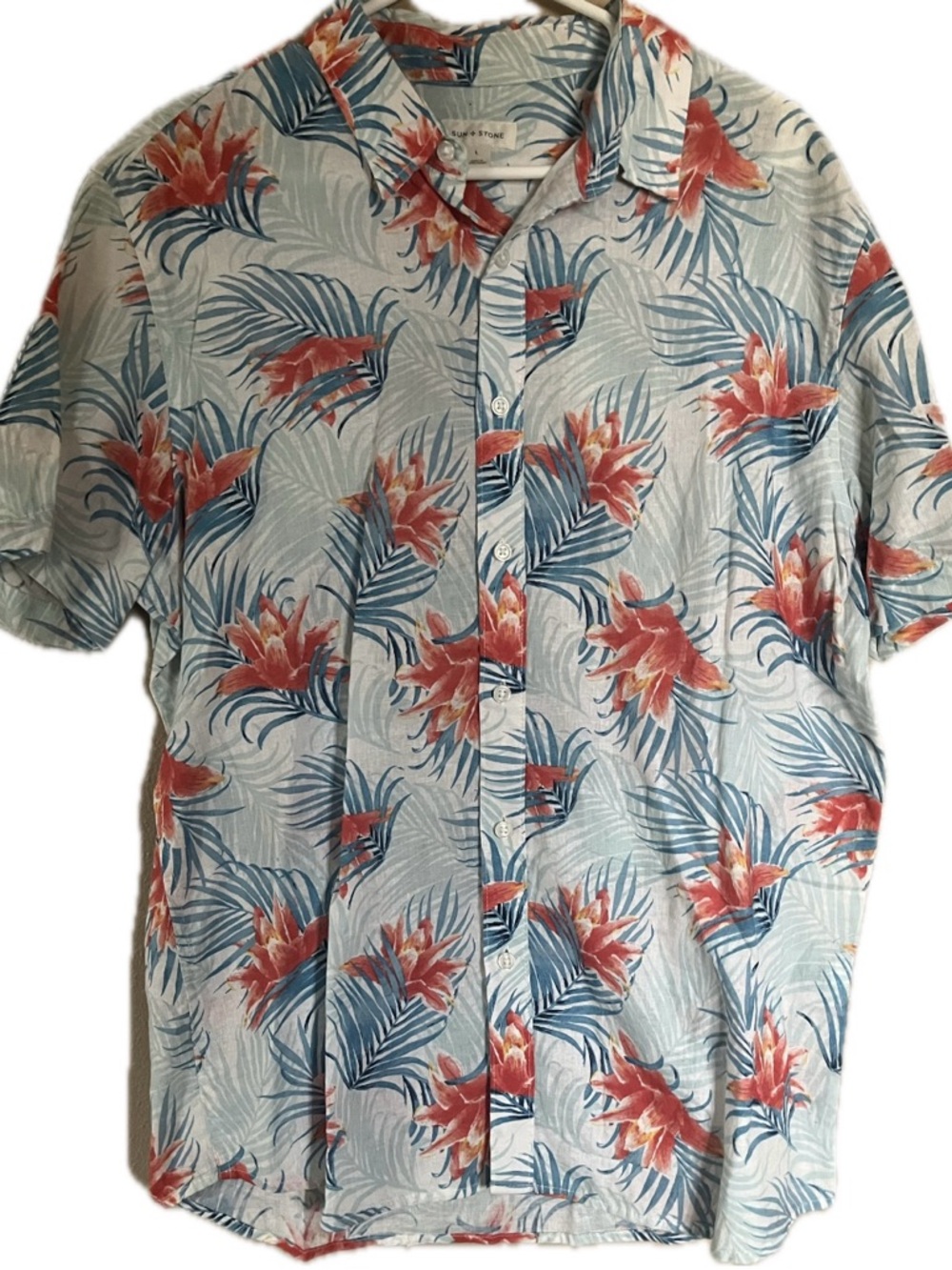 Sun + Stone Light Blue Floral Button-Down Shirt with Coral Blooms